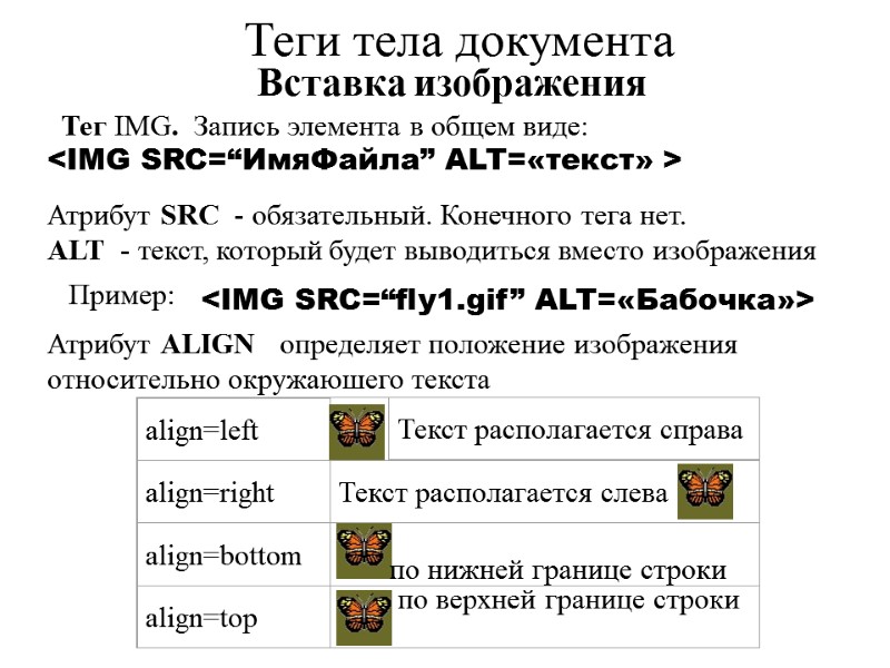 Вставка изображения <IMG SRC=“ИмяФайла” ALT=«текст» > Атрибут SRC  - обязательный. Конечного тега нет.